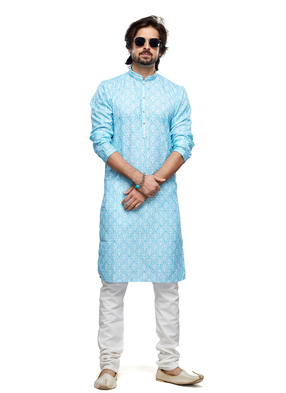 Digital Print Cotton Aqua Blue Kurta Pyjama - M6742