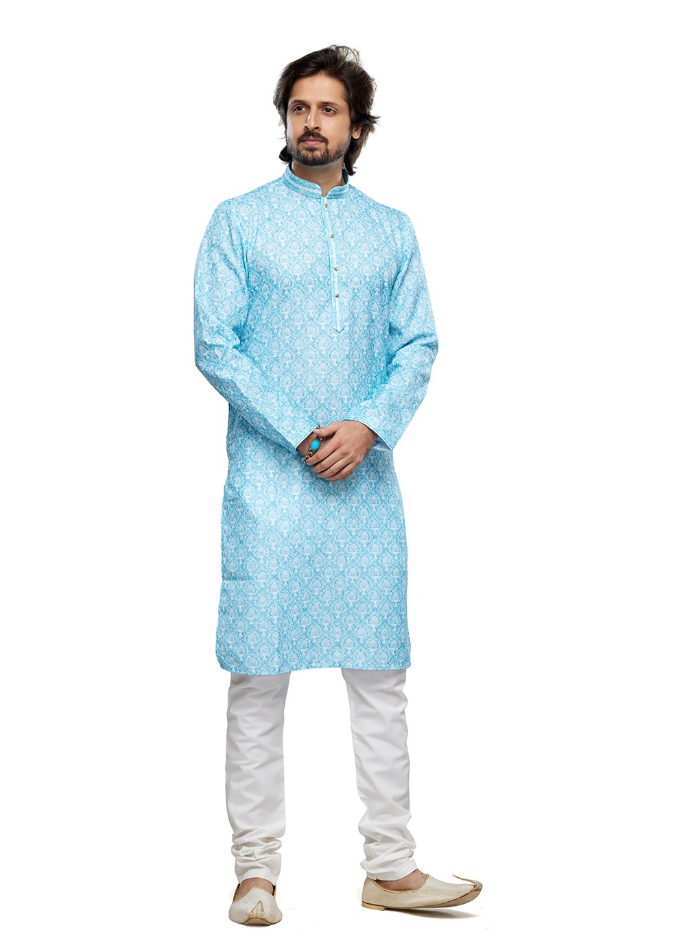 Digital Print Cotton Aqua Blue Kurta Pyjama - M6742