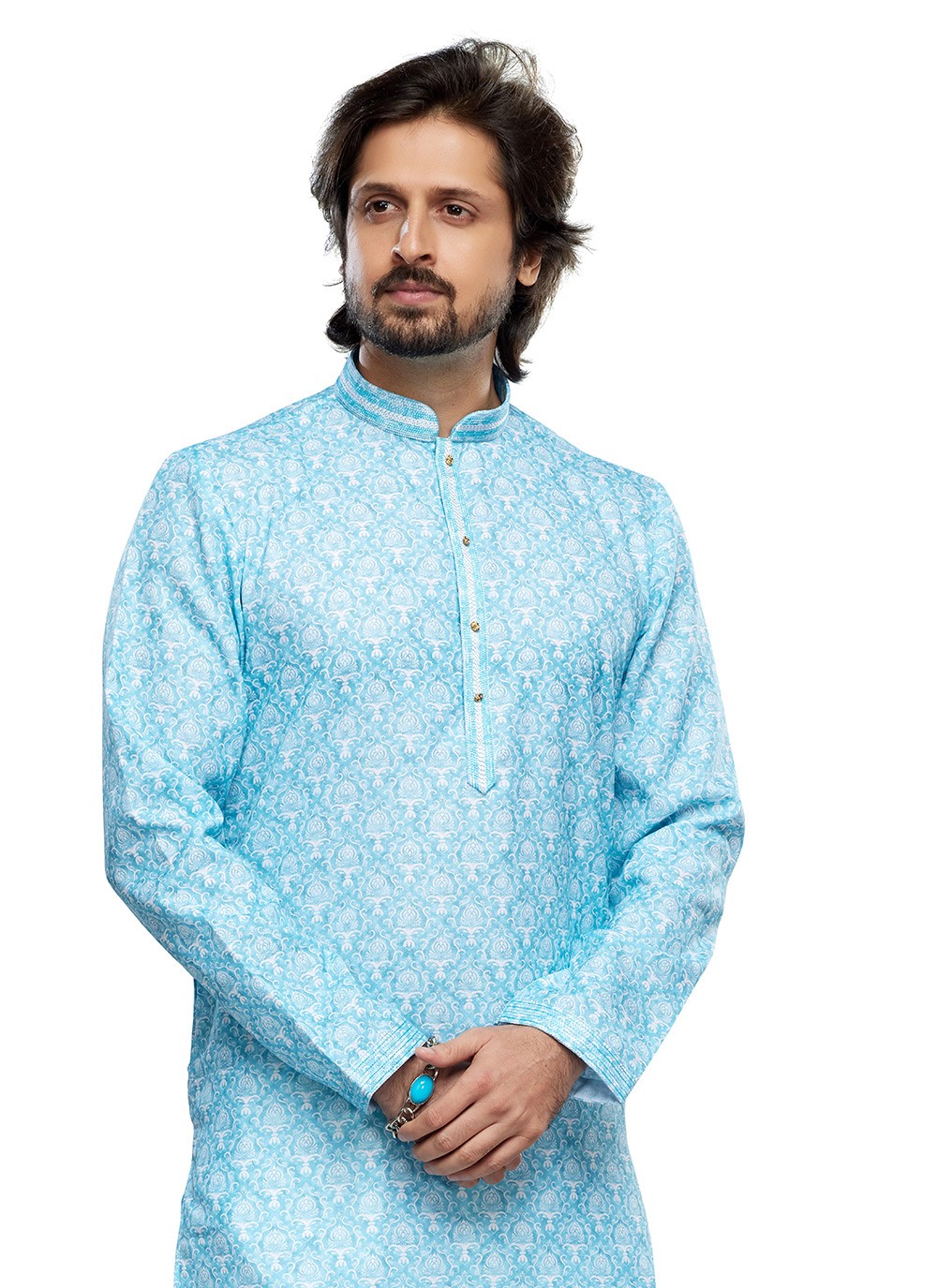 Digital Print Cotton Aqua Blue Kurta Pyjama - M6742