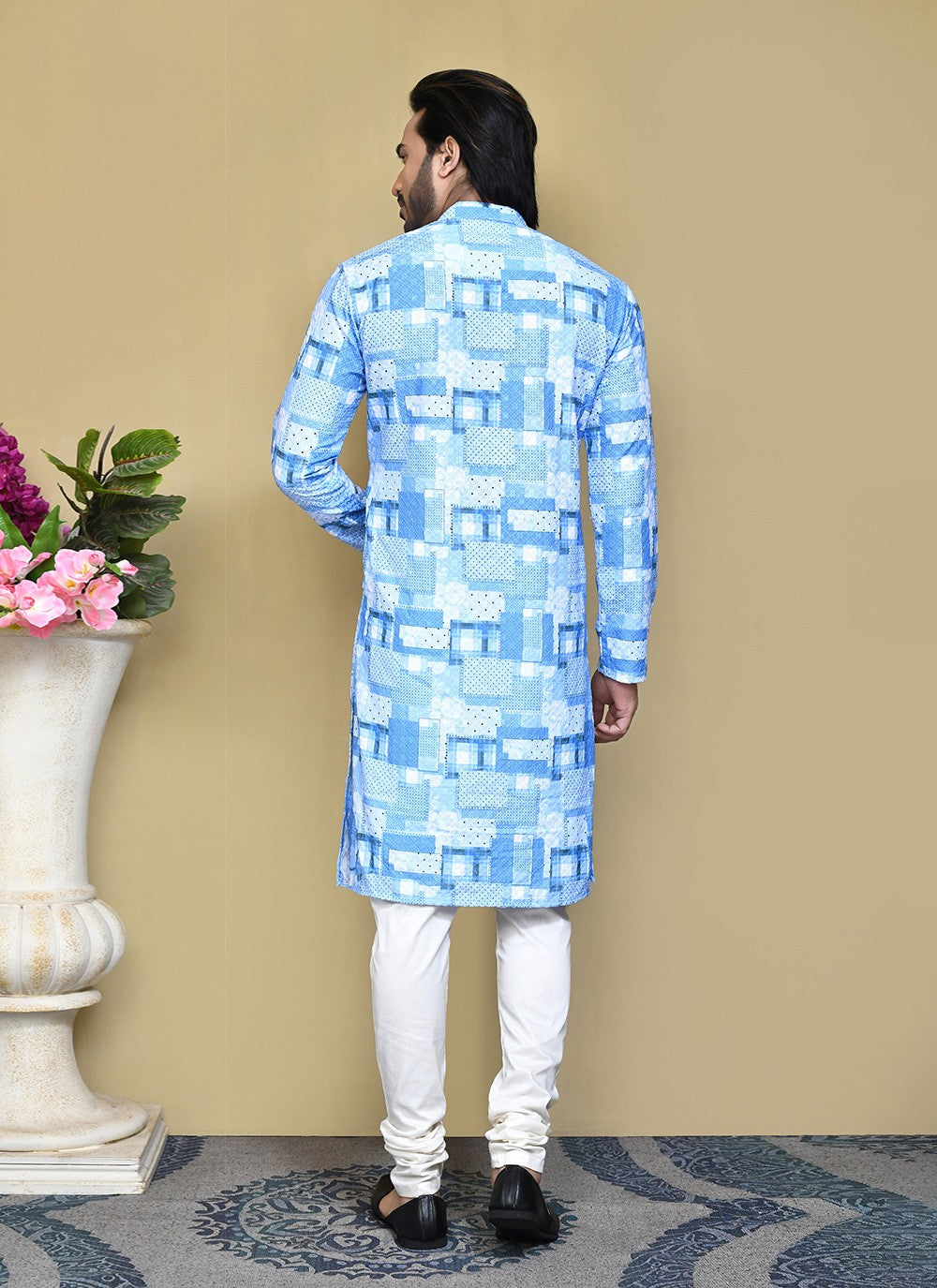 Printed Cotton Aqua Blue Kurta Pyjama - M7786