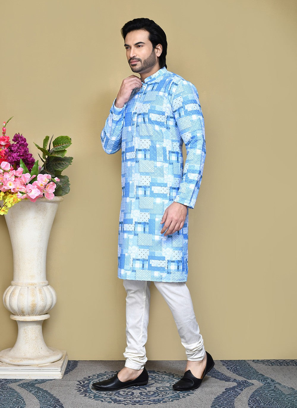 Printed Cotton Aqua Blue Kurta Pyjama - M7786