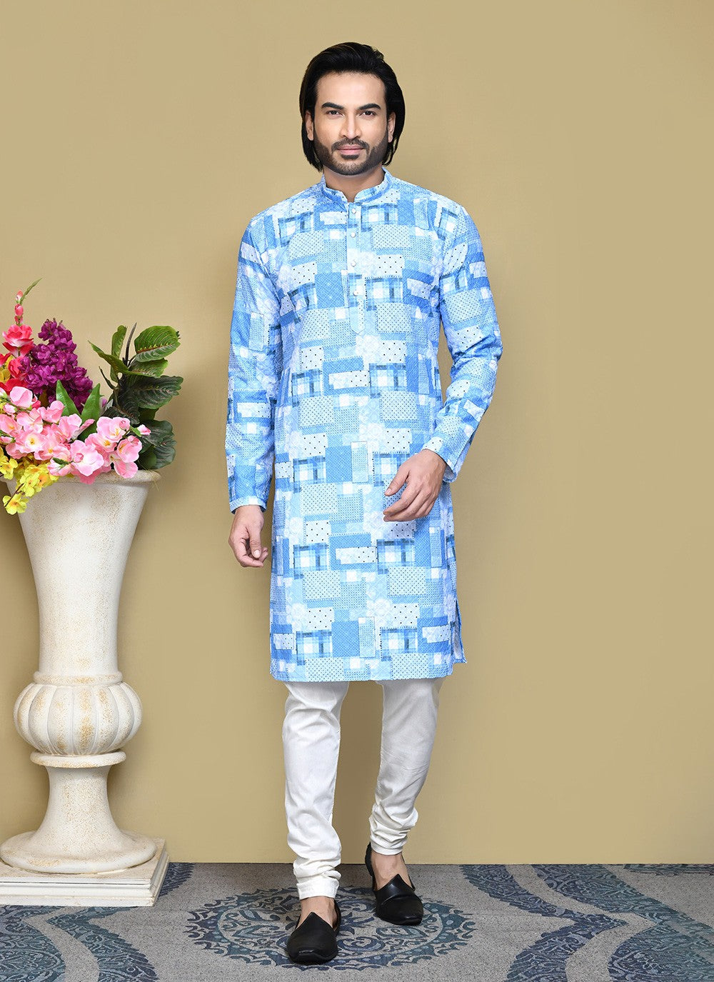 Printed Cotton Aqua Blue Kurta Pyjama - M7786