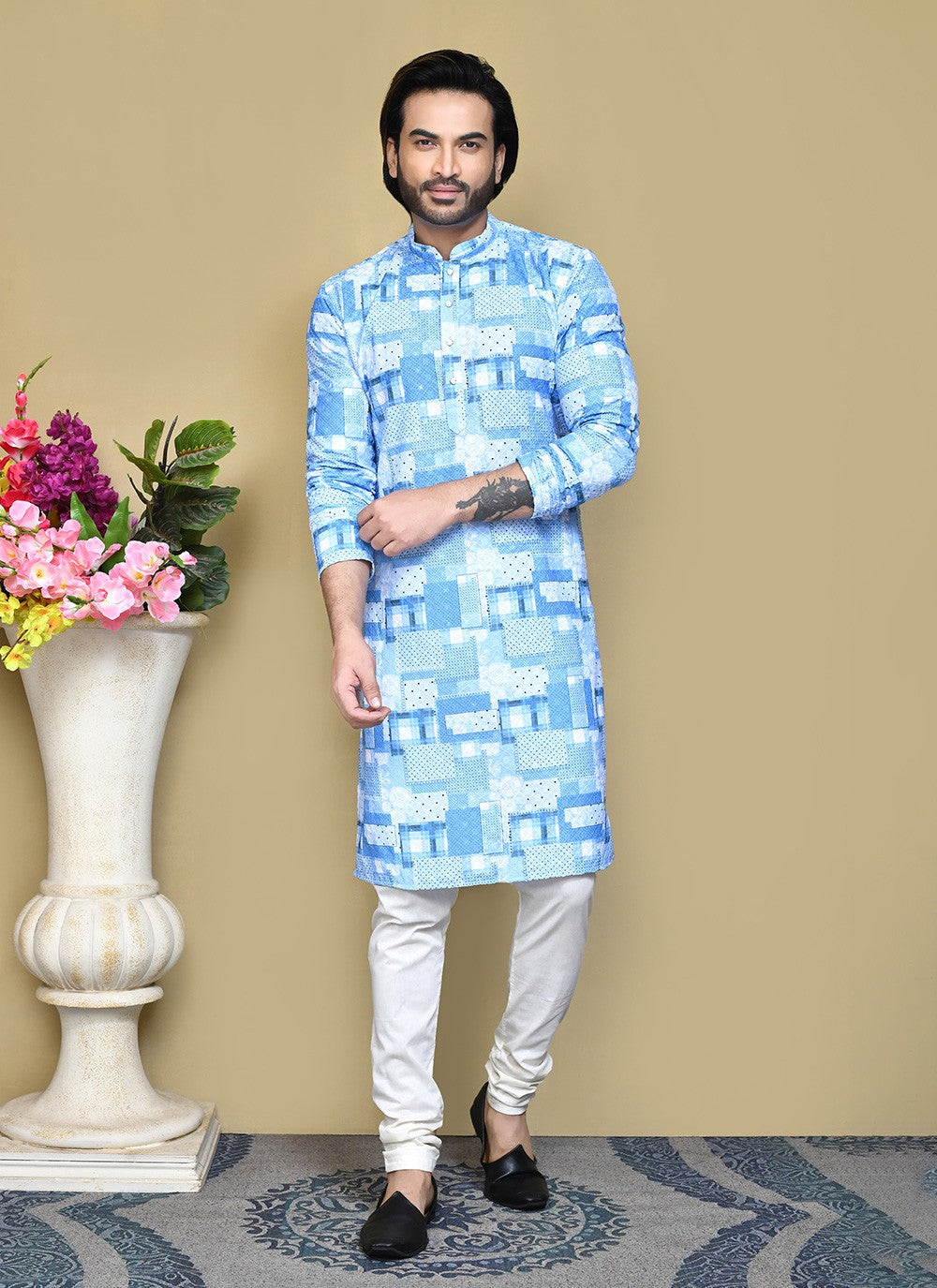 Printed Cotton Aqua Blue Kurta Pyjama - M7786