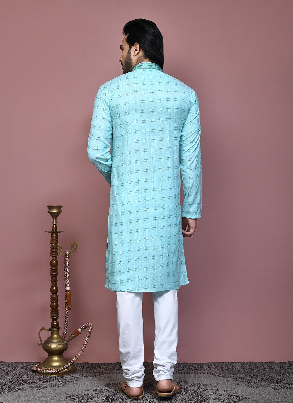 Printed Cotton Aqua Blue Kurta Pyjama - M7908