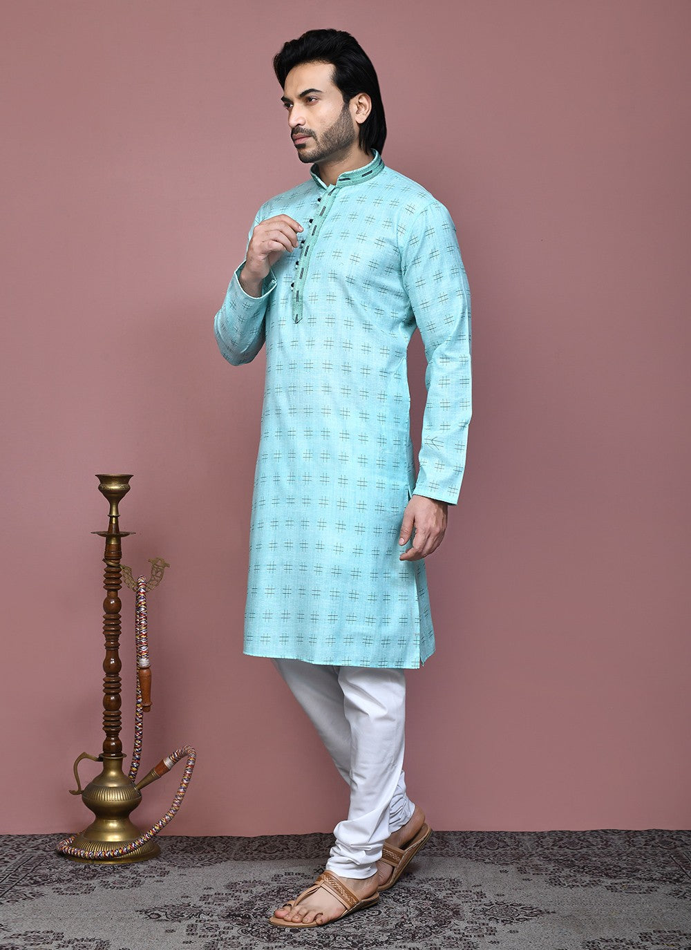 Printed Cotton Aqua Blue Kurta Pyjama - M7908