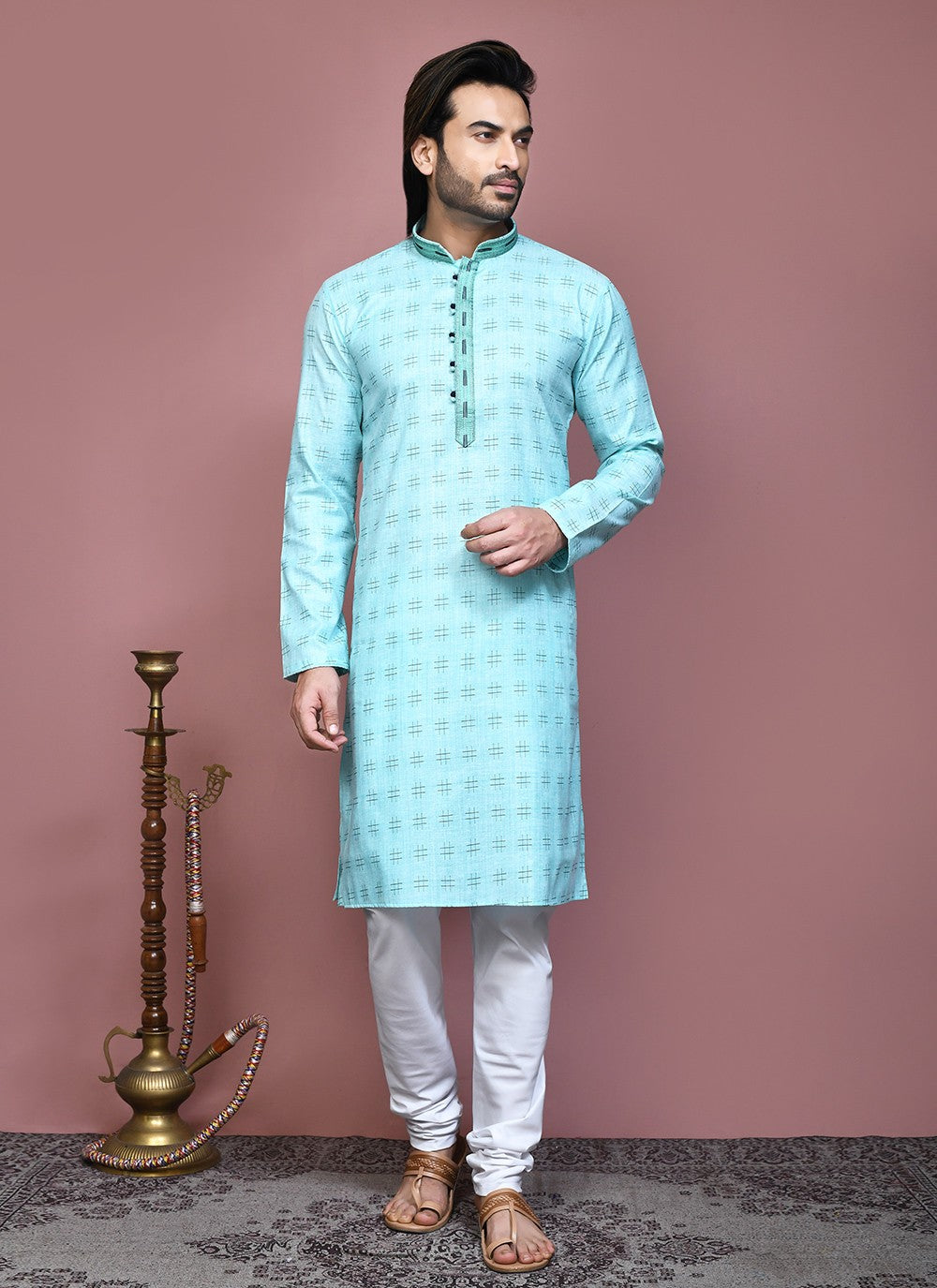 Printed Cotton Aqua Blue Kurta Pyjama - M7908