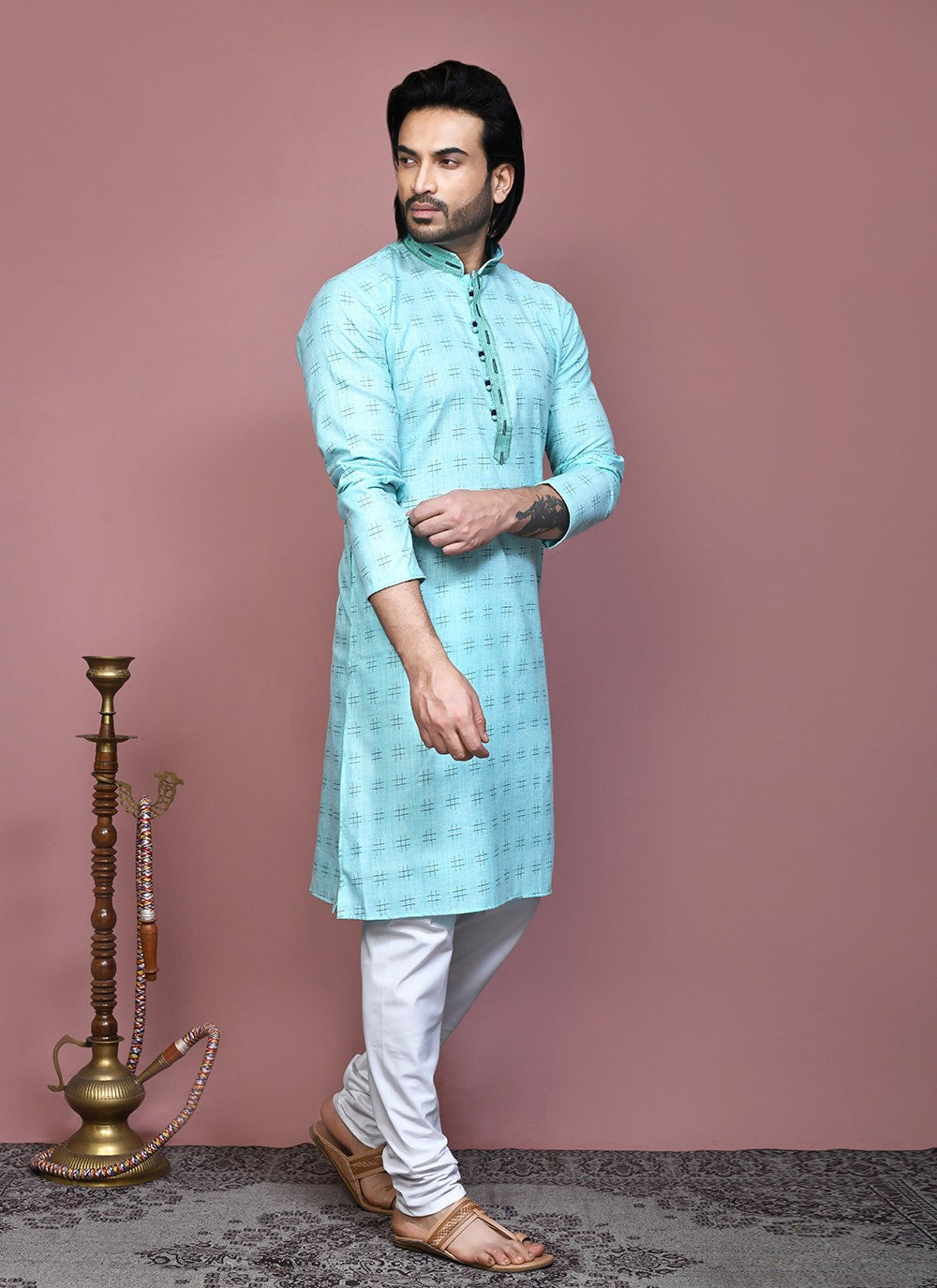 Printed Cotton Aqua Blue Kurta Pyjama - M7908