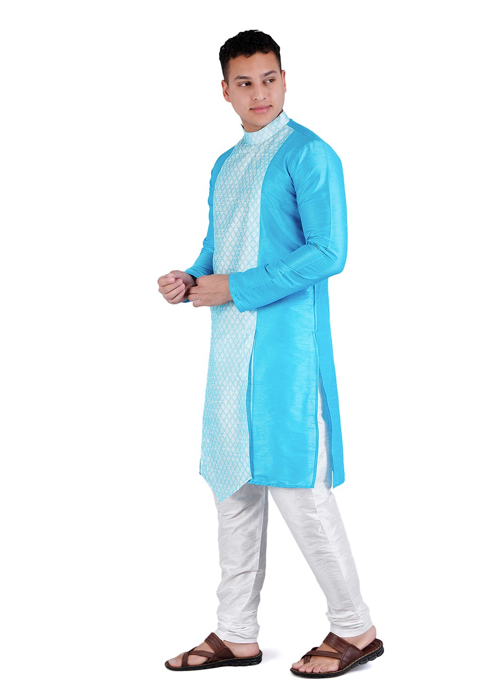 Patch Dupion Silk Aqua Blue Kurta Pyjama - M6522