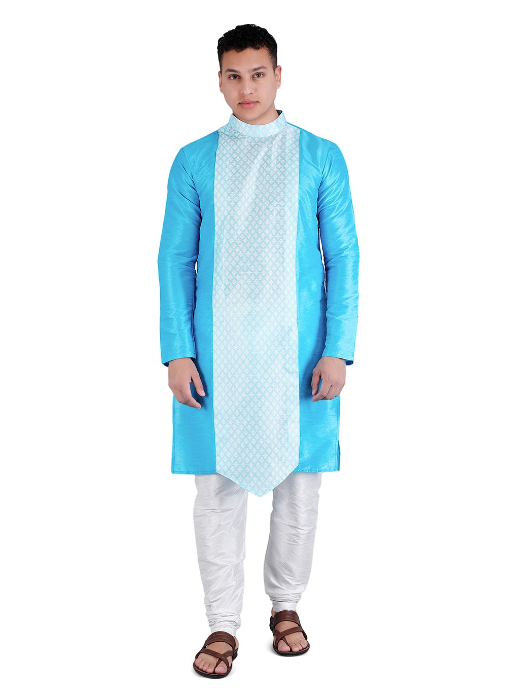 Patch Dupion Silk Aqua Blue Kurta Pyjama - M6522