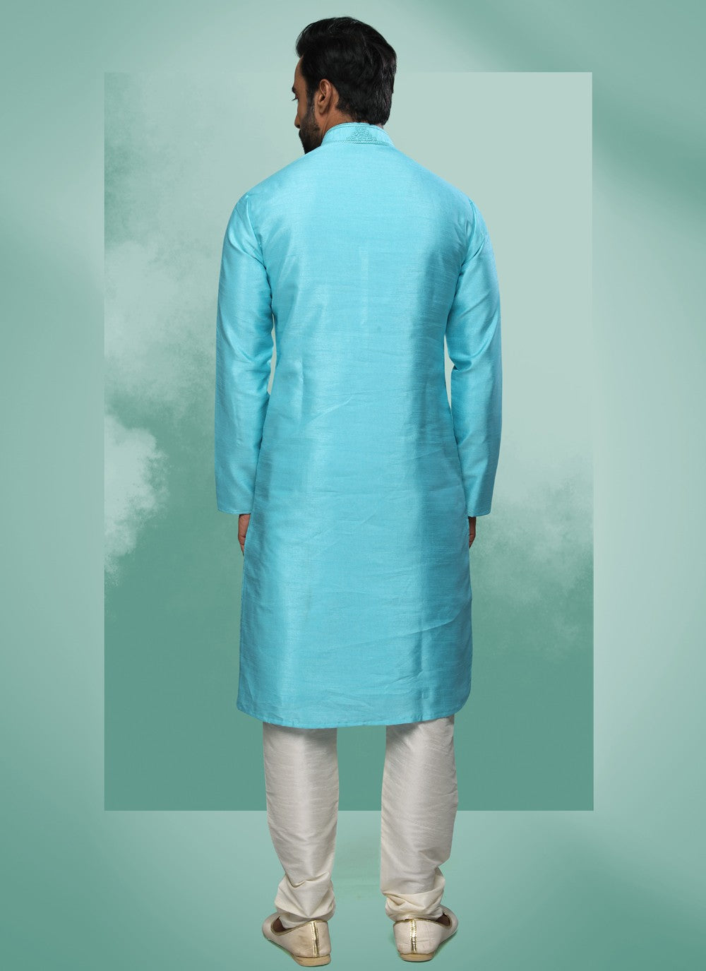 Embroidered Art Silk Aqua Blue Kurta Pyjama - M4365