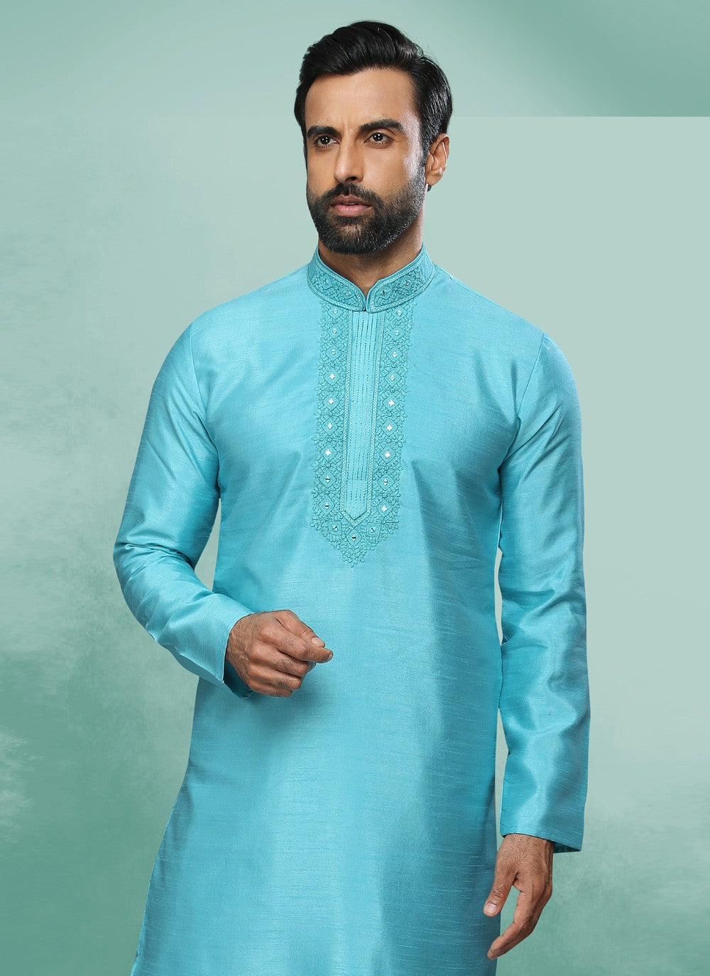 Embroidered Art Silk Aqua Blue Kurta Pyjama - M4365