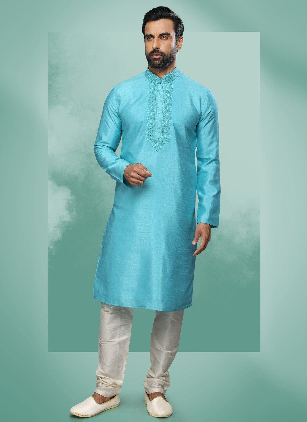 Embroidered Art Silk Aqua Blue Kurta Pyjama - M4365