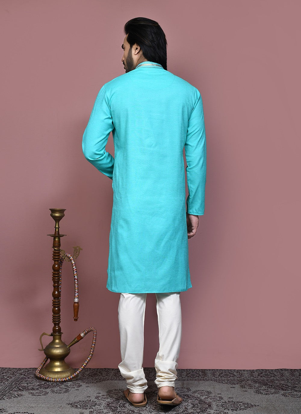 Embroidered Cotton Aqua Blue Kurta Pyjama - M7886