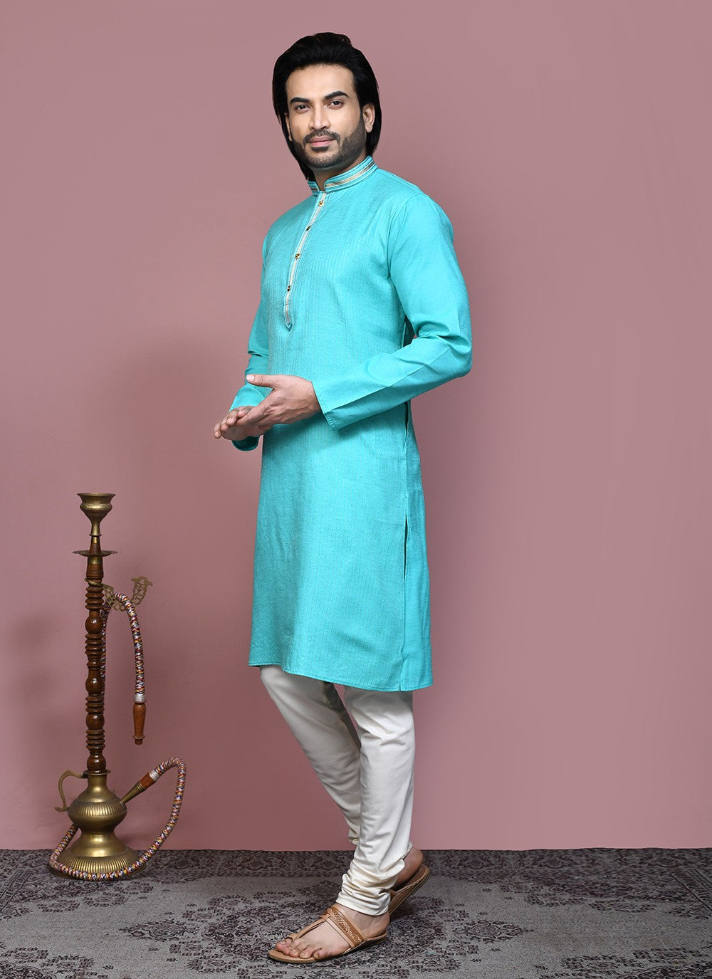 Embroidered Cotton Aqua Blue Kurta Pyjama - M7886