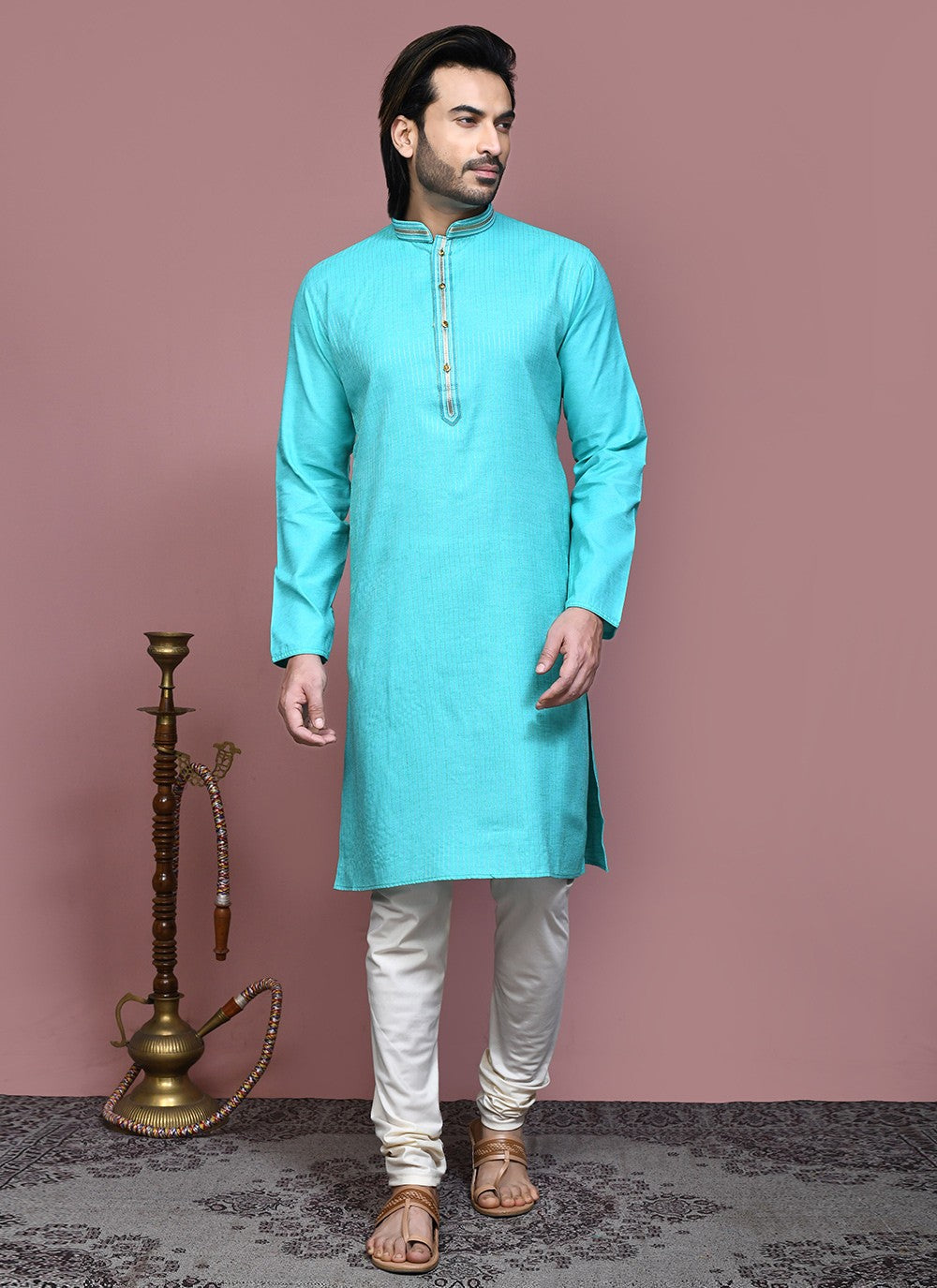 Embroidered Cotton Aqua Blue Kurta Pyjama - M7886