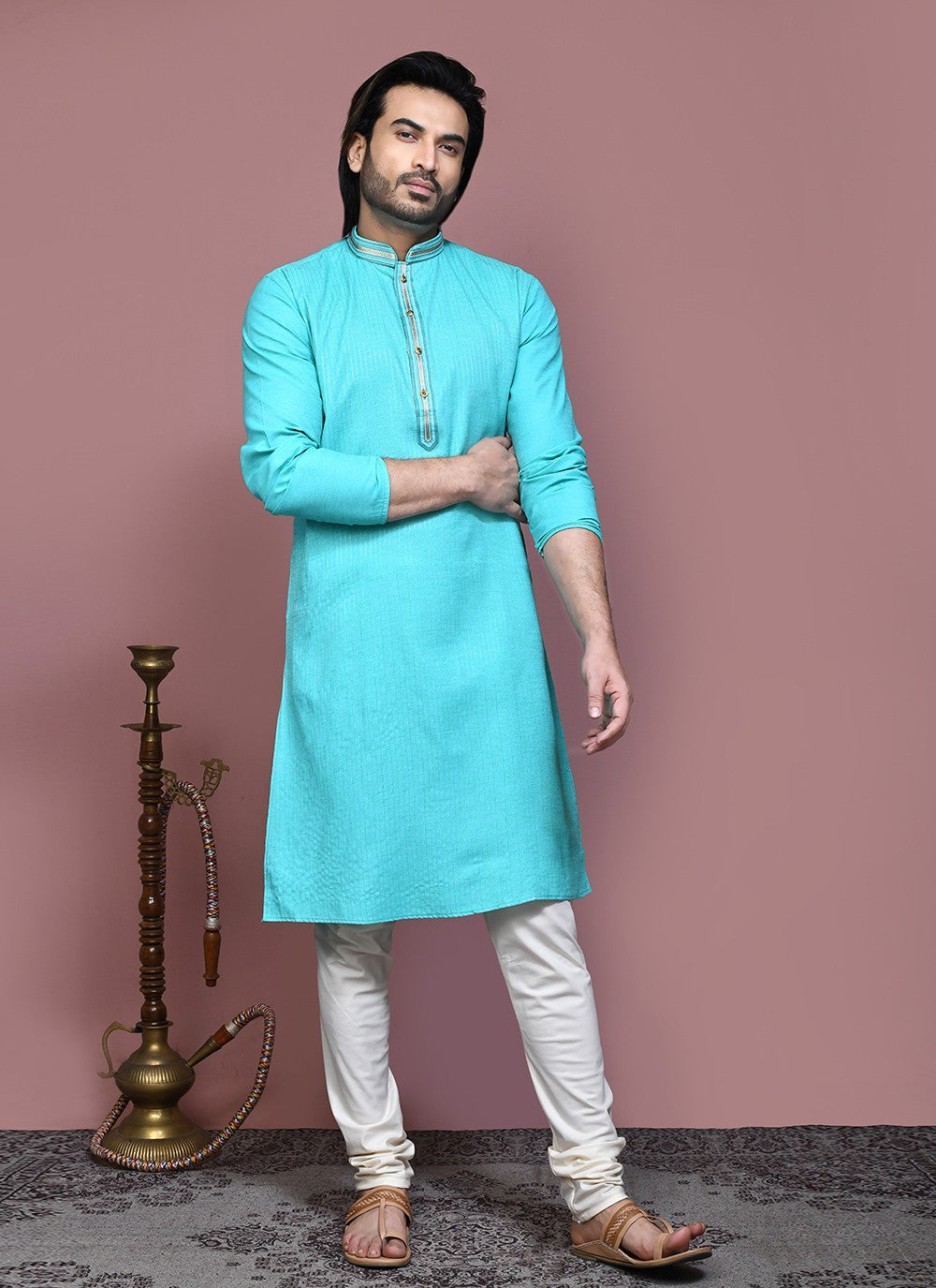 Embroidered Cotton Aqua Blue Kurta Pyjama - M7886