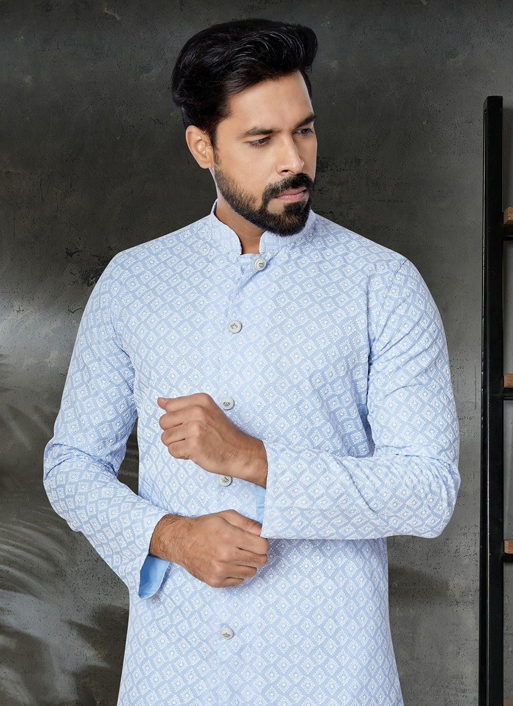 Embroidered Cotton Aqua Blue Kurta Pyjama - M4963