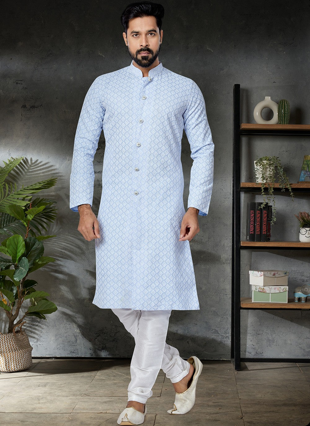 Embroidered Cotton Aqua Blue Kurta Pyjama - M4963