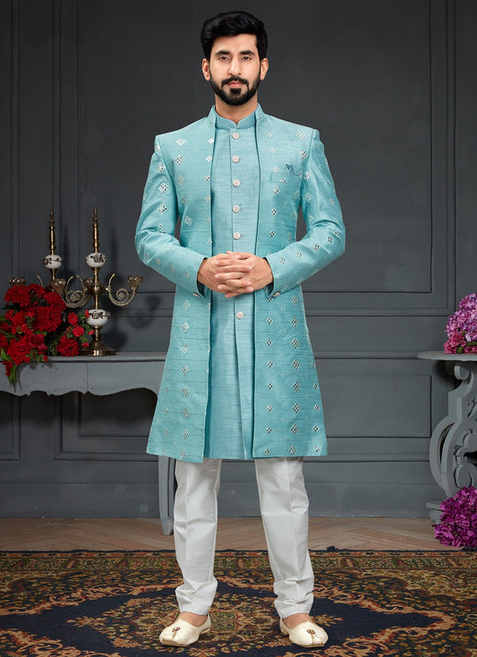 Embroidered Imported, Silk Aqua Blue Indo Western - M3427