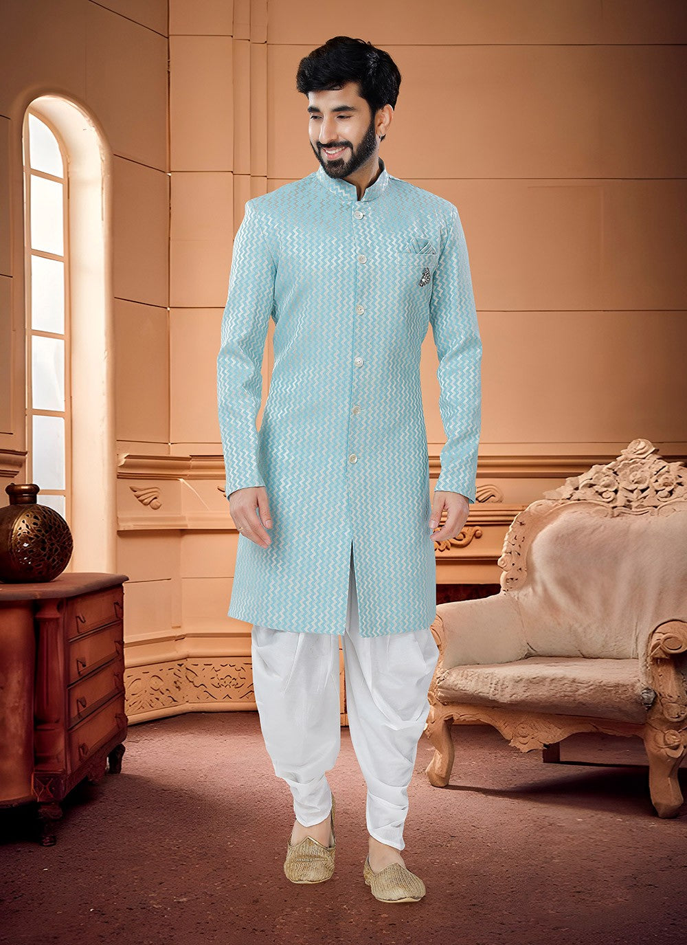 Embroidered Jacquard Silk Aqua Blue Indo Western Sherwani - M4320