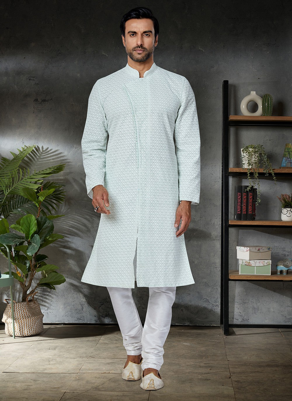 Embroidered Georgette Aqua Blue Kurta Pyjama - M4960