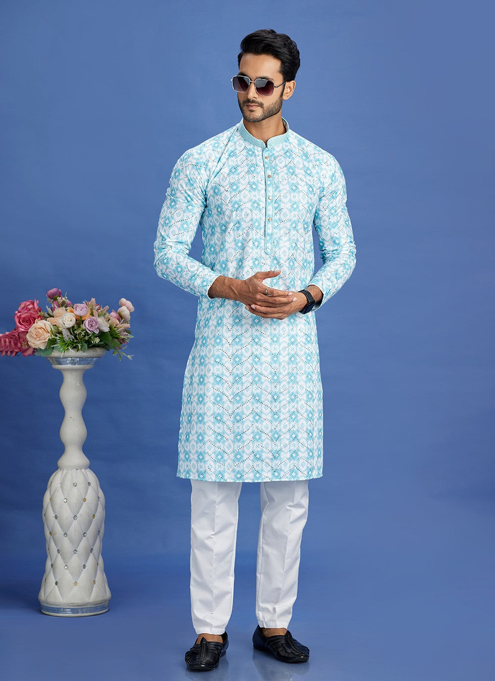 Digital Print Cotton Aqua Blue Kurta Pyjama - M6931