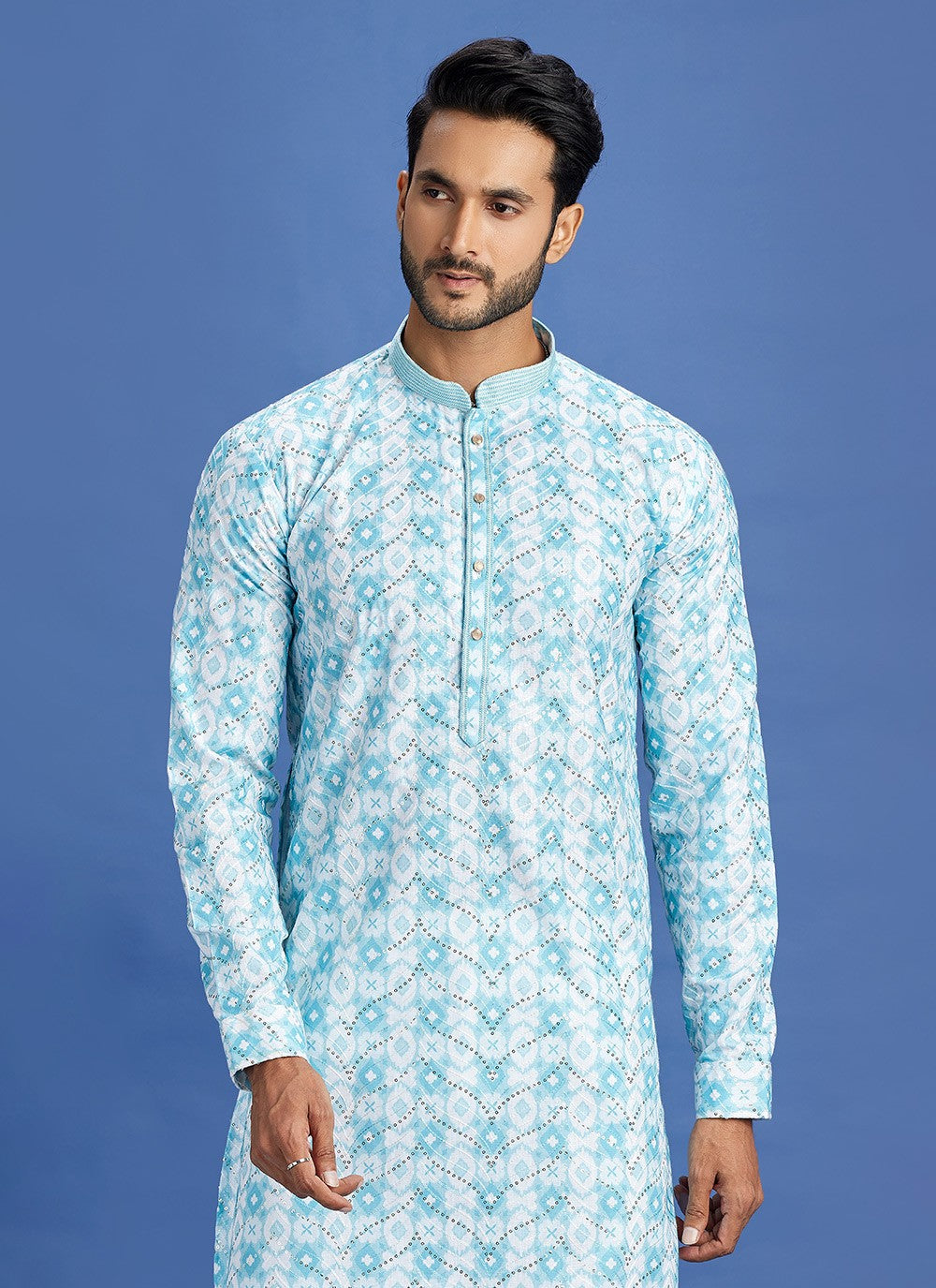 Digital Print Cotton Aqua Blue Kurta Pyjama - M6931