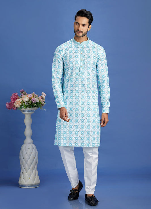 Digital Print Cotton Aqua Blue Kurta Pyjama - M6931