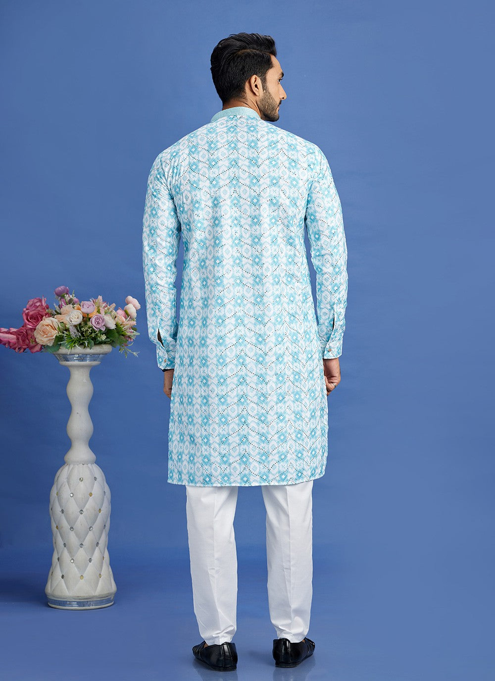 Digital Print Cotton Aqua Blue Kurta Pyjama - M6931