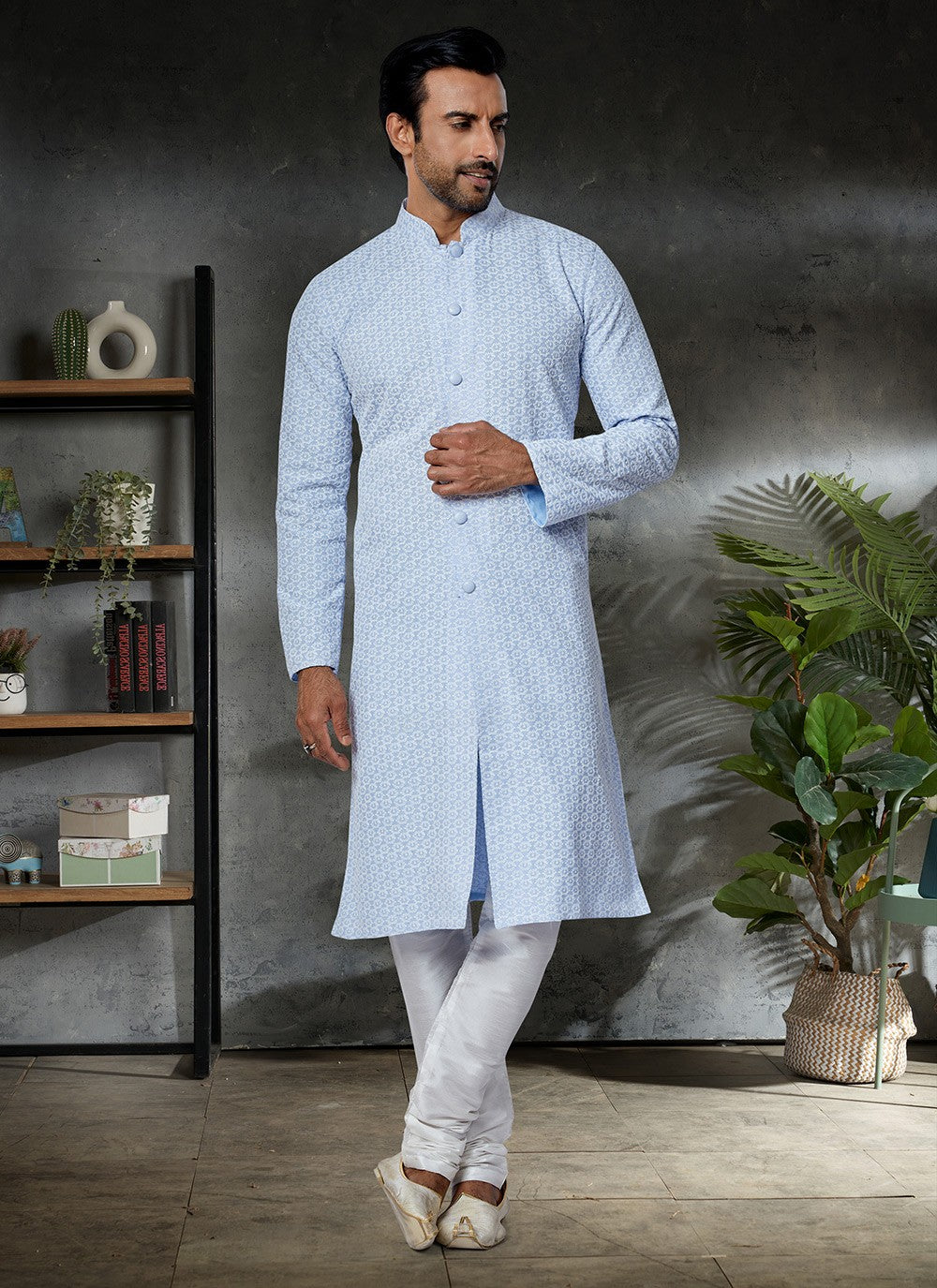 Embroidered Cotton Aqua Blue Kurta Pyjama - M4961