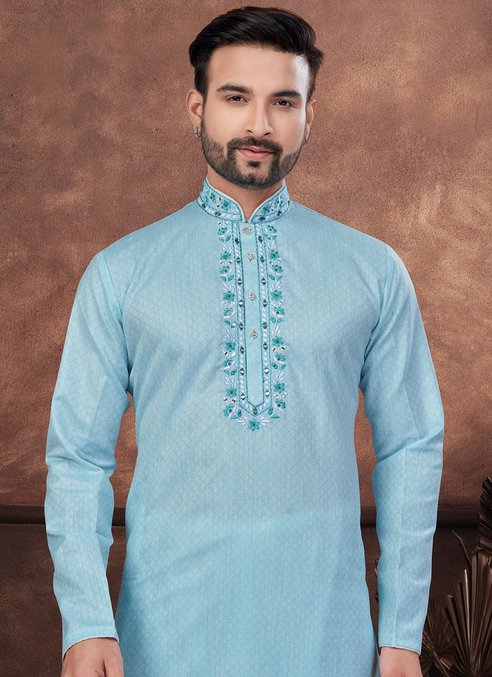 Embroidered Cotton Aqua Blue Kurta Pyjama - M8706