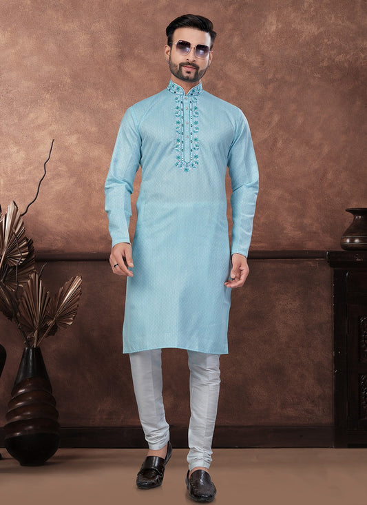 Embroidered Cotton Aqua Blue Kurta Pyjama - M8706