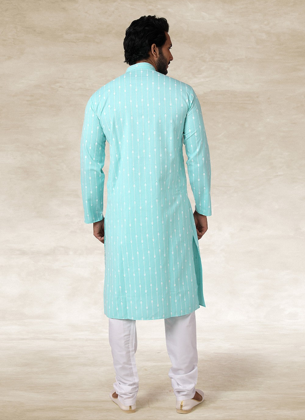 Printed Handloom Cotton Aqua Blue Kurta Pyjama - M2681