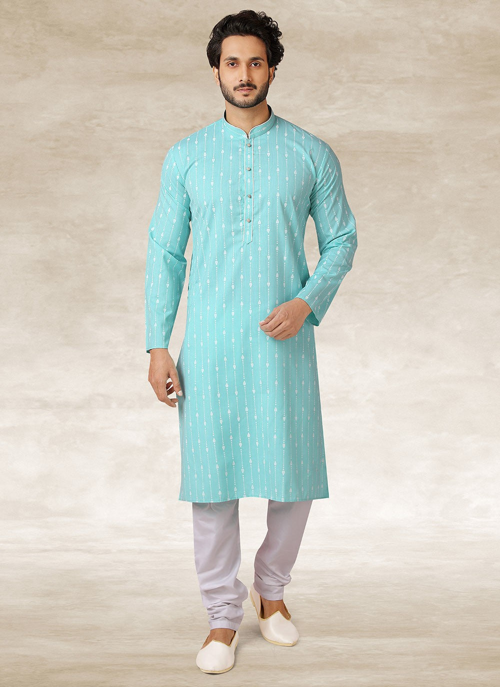 Printed Handloom Cotton Aqua Blue Kurta Pyjama - M2681