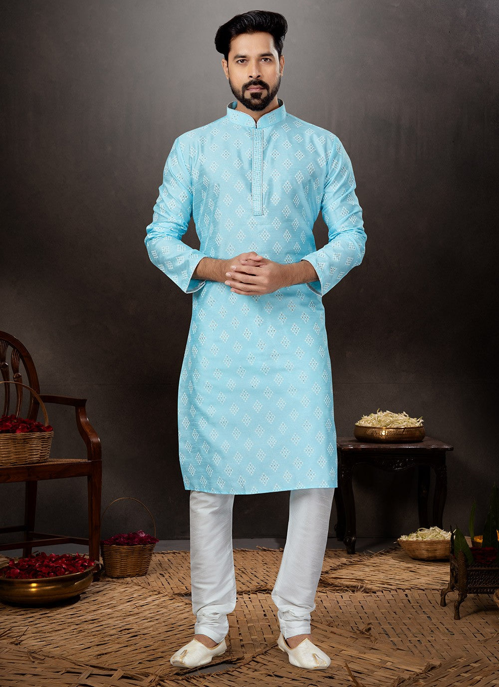 Printed Dupion Silk Aqua Blue Kurta Pyjama - M4785