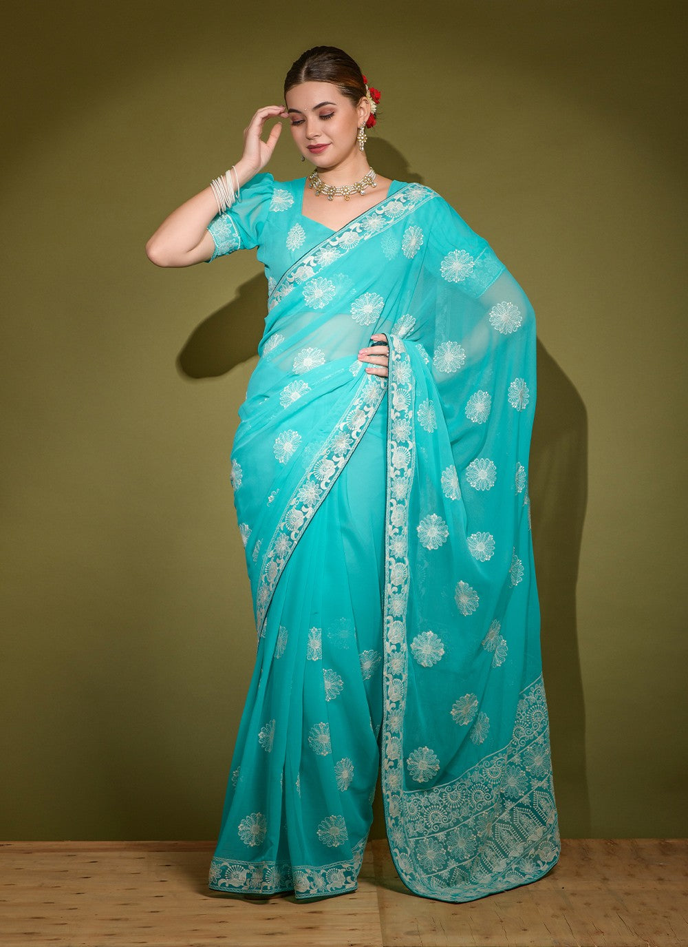 Contemporary Embroidered Faux Georgette Saree - S3148