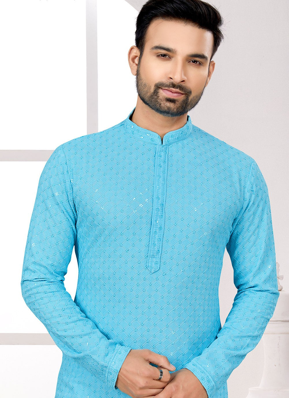 Fancy Work Rayon Aqua Blue Kurta Pyjama - M6679