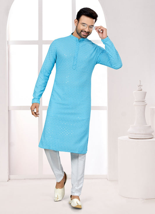 Fancy Work Rayon Aqua Blue Kurta Pyjama - M6679