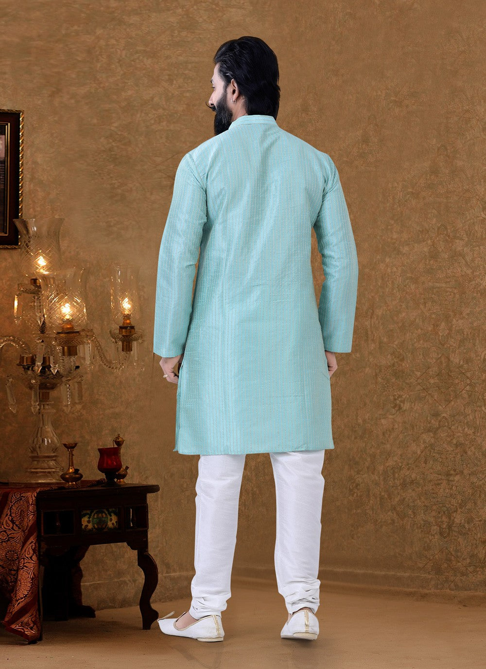 Digital Print Silk Aqua Blue Kurta Pyjama - M3938