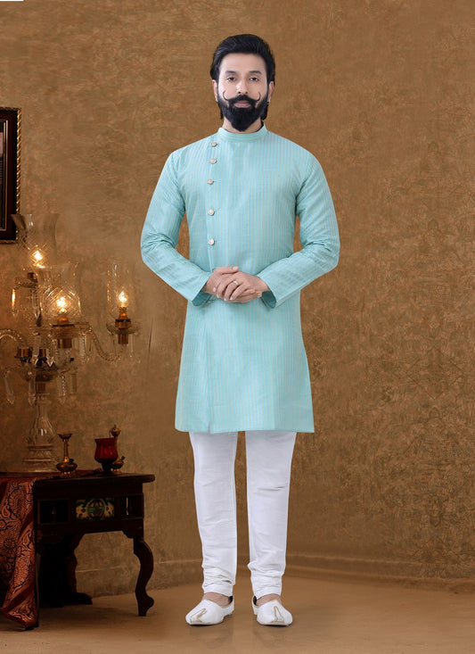 Digital Print Silk Aqua Blue Kurta Pyjama - M3938