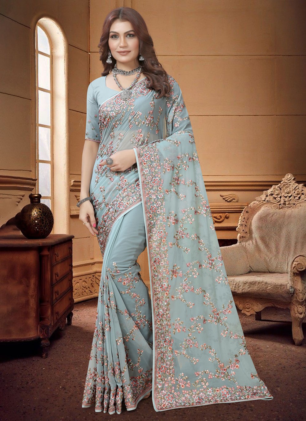 Classic Embroidered Georgette Saree - S3883