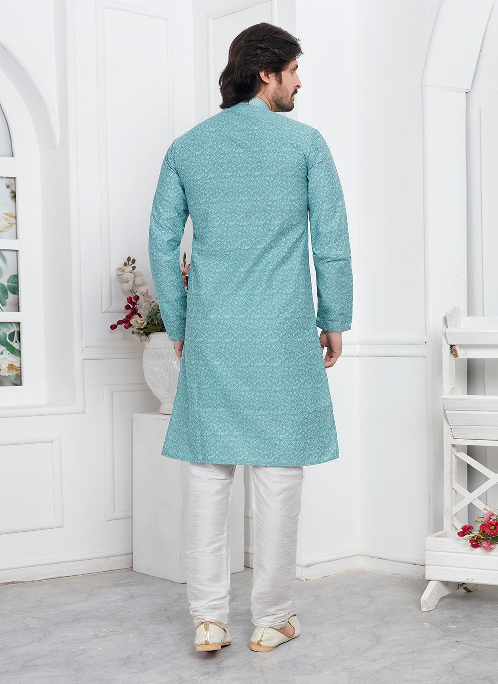 Pintex Brocade, Jacquard Silk Aqua Blue Kurta Pyjama - M7761