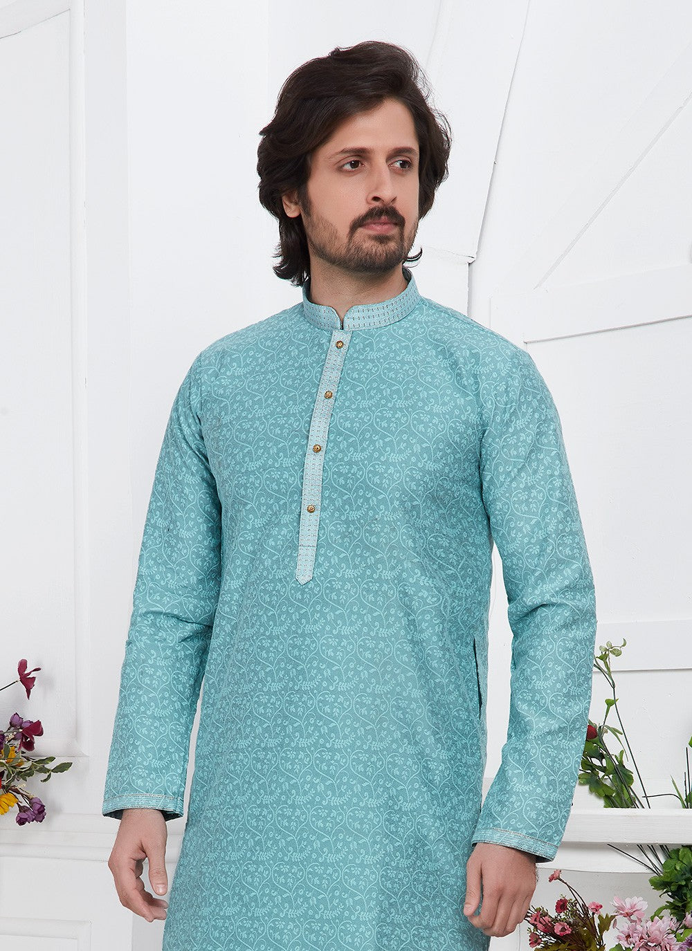 Pintex Brocade, Jacquard Silk Aqua Blue Kurta Pyjama - M7761