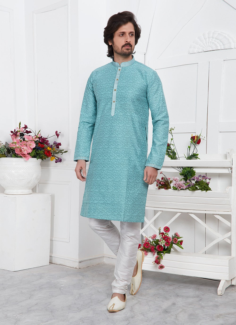 Pintex Brocade, Jacquard Silk Aqua Blue Kurta Pyjama - M7761