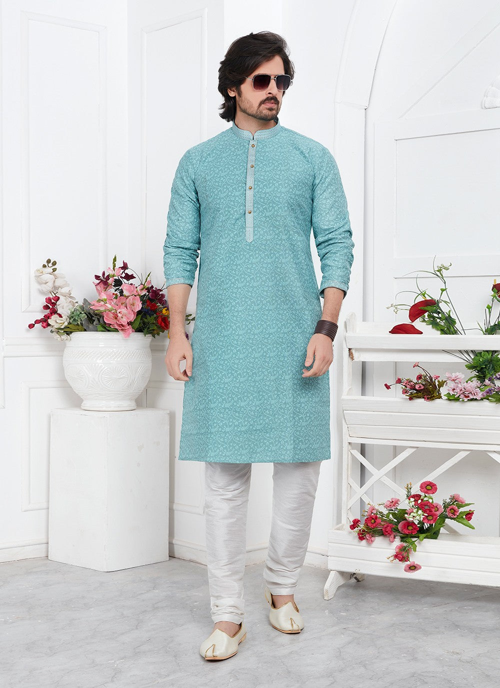 Pintex Brocade, Jacquard Silk Aqua Blue Kurta Pyjama - M7761