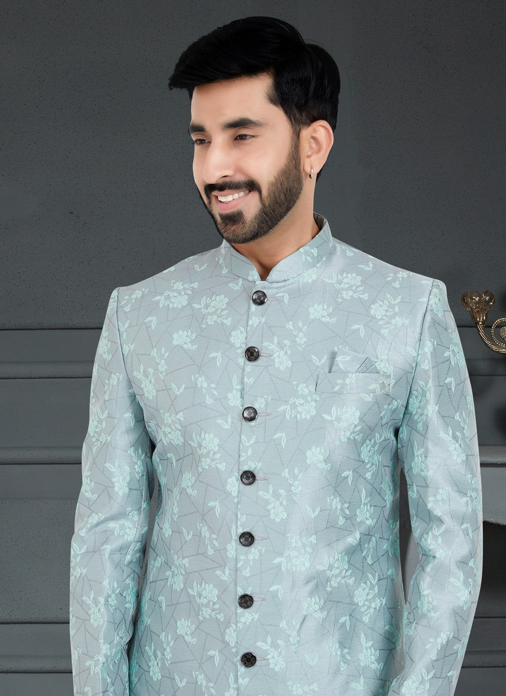 Weaving Zari Jacquard Aqua Blue Indo Western - M5056