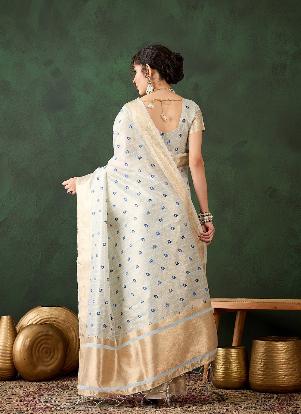 Classic Printed Khadi, Organza Saree - S8296