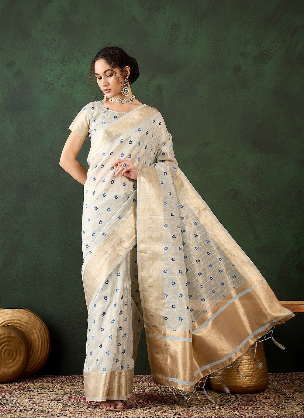 Classic Printed Khadi, Organza Saree - S8296