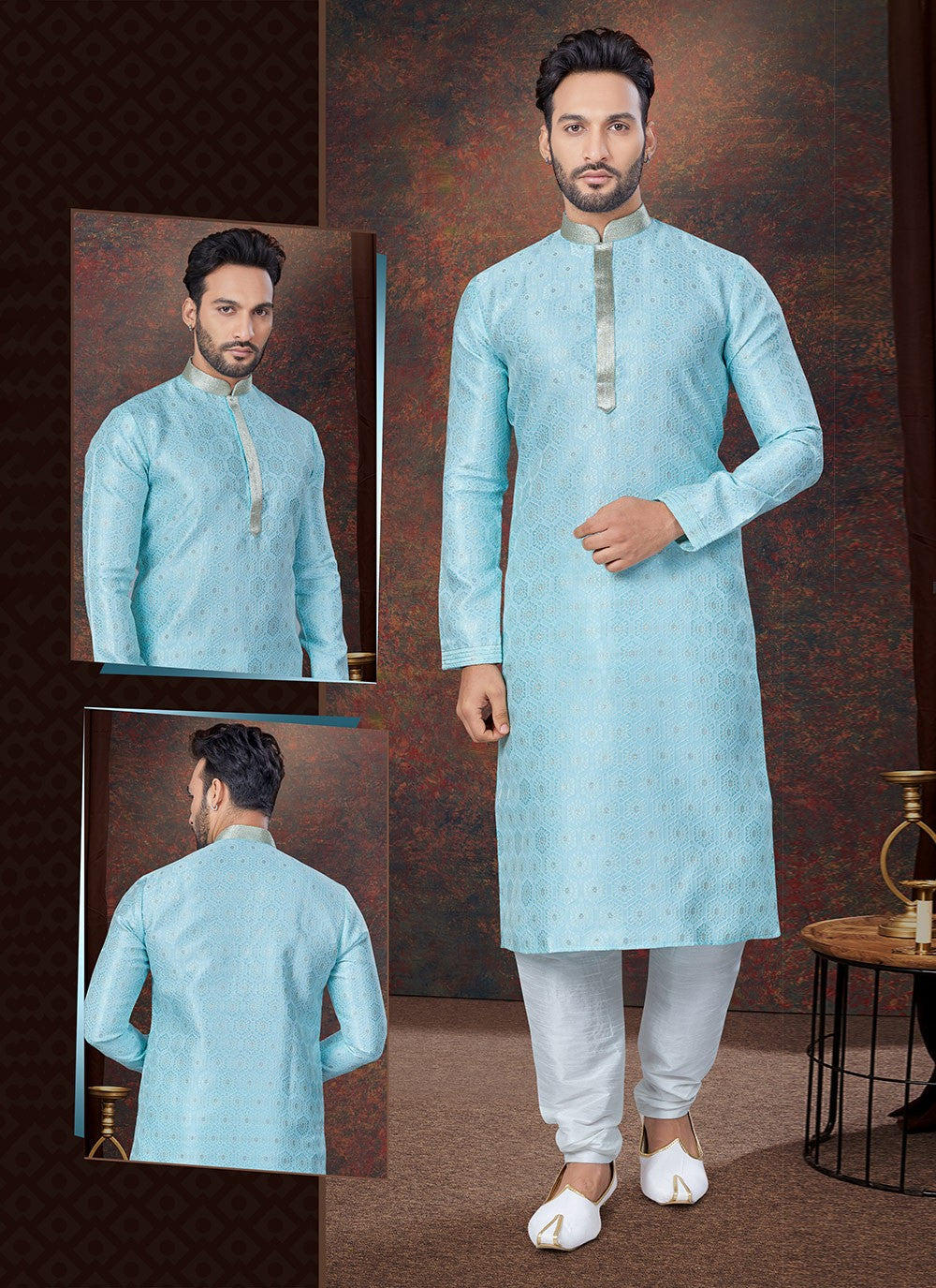 Machine Embroidery Jacquard Aqua Blue Kurta Pyjama - M7590