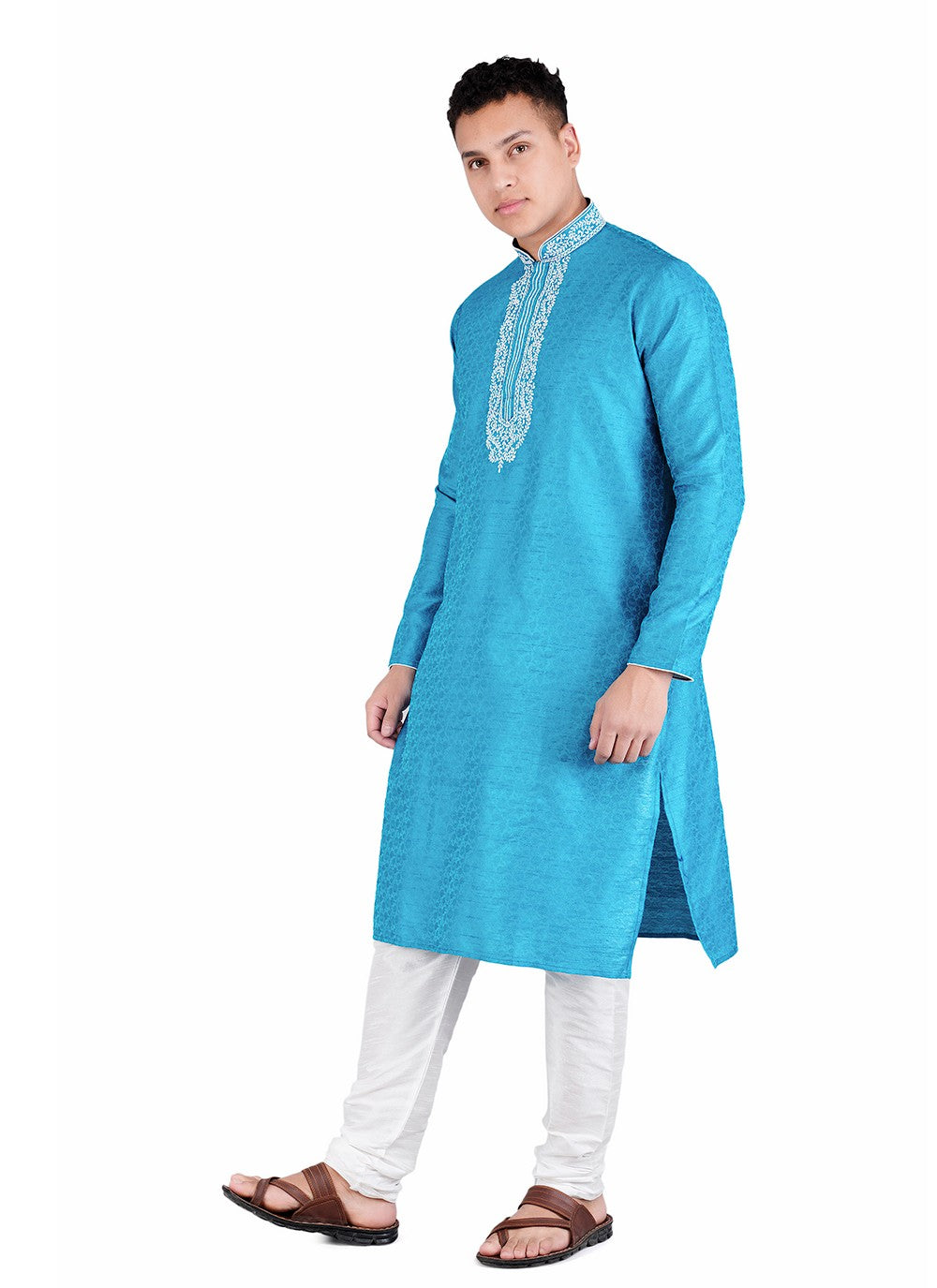 Machine Embroidery Jacquard, Satin Aqua Blue Kurta Pyjama - M6531